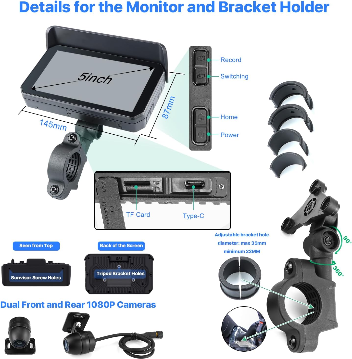 Motorcycle GPS CarPlay/ Android Auto Screen with Dash Cam and Tyre Pressure Monitoring