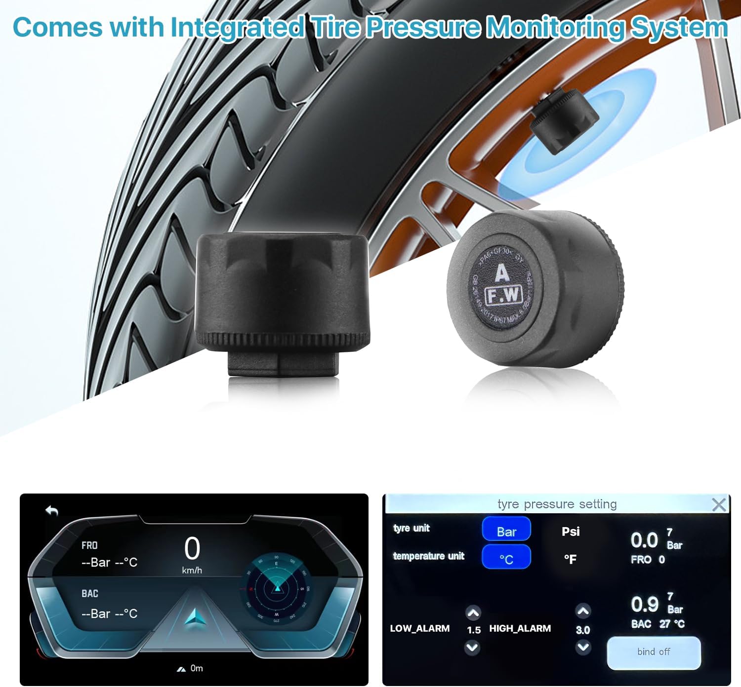 Motorcycle GPS CarPlay/ Android Auto Screen with Dash Cam and Tyre Pressure Monitoring